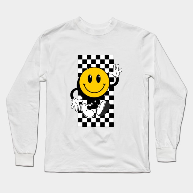 Retro Smile Face Chess Black White Long Sleeve T-Shirt by stefaniebelinda